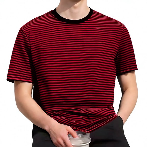 YLSDY Mens Casual Striped Shirt Basic Short Sleeved Round Neck Striped T-Shirt, Casual Summer Fashion Clothing Red M