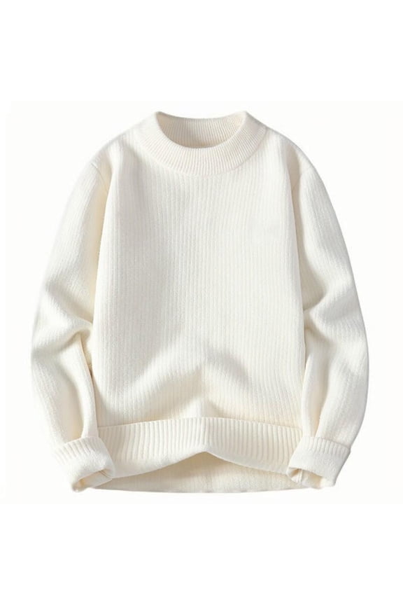 Mens Casual Sweater Fall Winter Solid Color Round Imitation Knitted Pullover Fashion Men Warm Long Sleeve Sweater White M