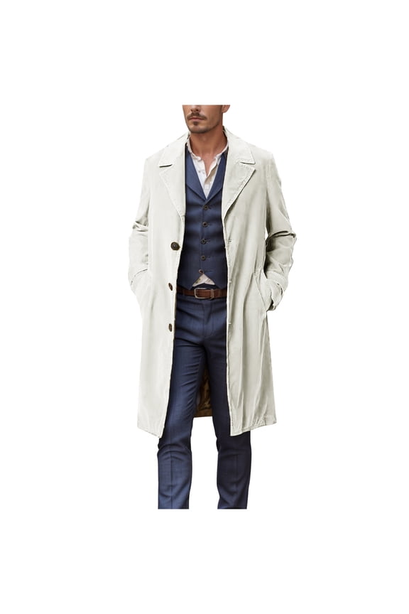 Mens Casual Trench Coat Slim Fit Notched Collar Midi Long Jacket Warm Overcoat Single Breasted Pea Coat wih Pockets Beige XXL
