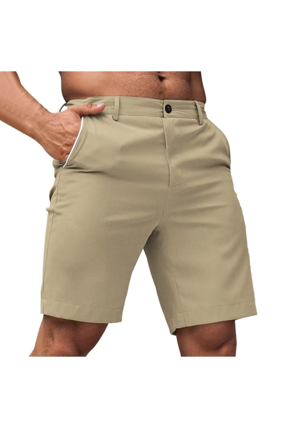 Mens Chino Shorts Inseam Flat-Front Shorts Solid Color Work Short with Pockets for Office Wedding Guest Party Khaki L