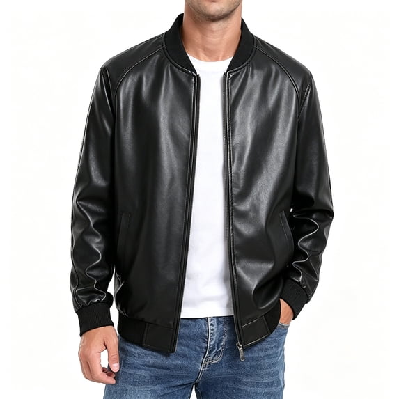 YLSDY Mens Classic Rib Collar Faux Leather Baseball Bomber Jacket Full Zip Side Pocket Lightweight Coat for All Season Versatile Daily Matching Black XXS