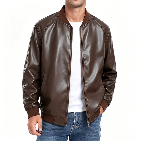 YLSDY Mens Classic Rib Collar Faux Leather Baseball Bomber Jacket Full Zip Side Pocket Lightweight Coat for All Season Versatile Daily Matching Coffee S