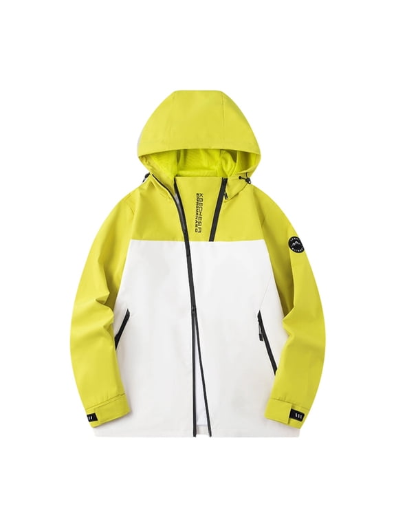 Mens Color Block Hiking Jacket Loose Short Hooded Zip Outer Coat, Contrast Panel Zip Pockets Wind Proof Seams for Rainy Strolls Local Errands Green XS