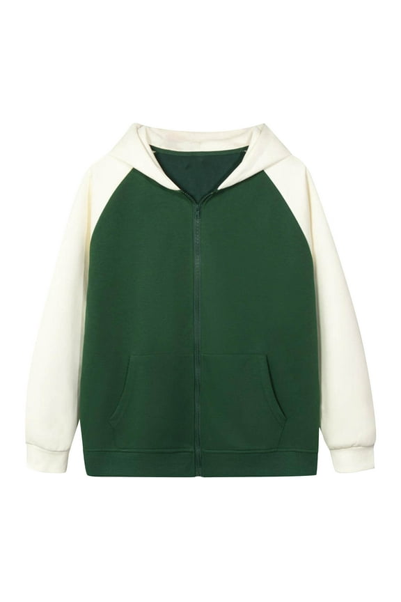 Mens Color Block Hoodies Zip up Jacket Cotton Pullover Long Sleeve Patchwork Style Drop Shoulder Sweatshirt Coat with Pockets Green L