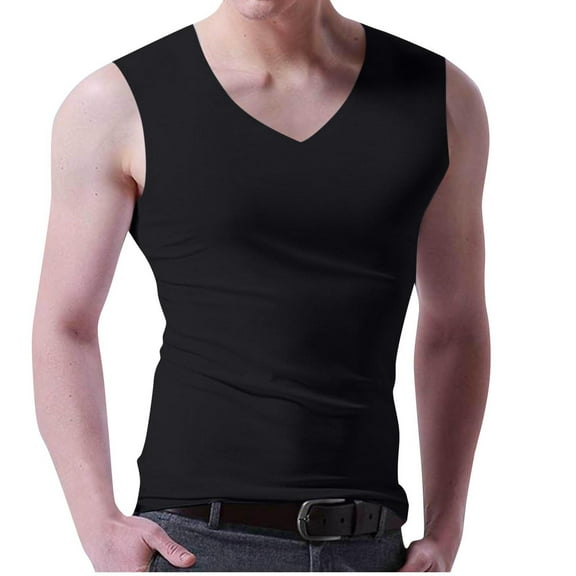 YLSDY Mens Compression Tank Top Casual Summer Cut Off V Neck Sleeveless Basic Shirts Slim Fit Baselayer Sports Shirt Vest Black XXXL