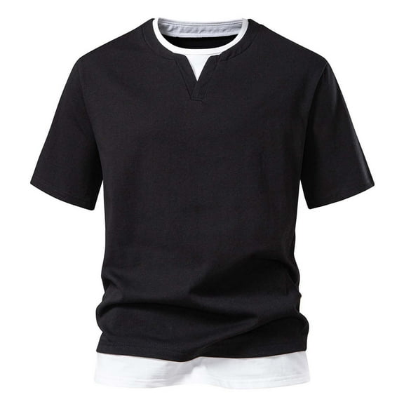 YLSDY Mens Cotton Casual Shirts Summer Short Sleeve Double V Neck T Shirts Lightweight Loose Fit Yoga Shirts Holiday Shirts Black XXL