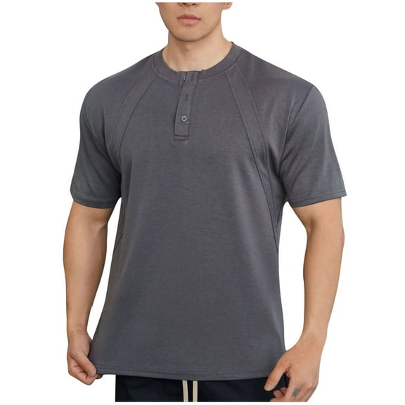 YLSDY Mens Cotton Henley T-Shirts Short Sleeve Button Up Casual Basic Tees Stretch Solid Breathable Work Shirts Dressy Dark Gray L