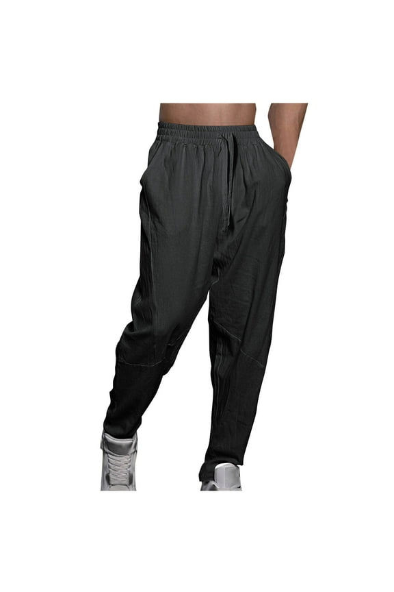 Mens Cotton Linen Drawstring Pants Casual Elastic Waist Drawstring Yoga Beach Trousers Relaxed Fit Lightweight Jogger for Men Black S
