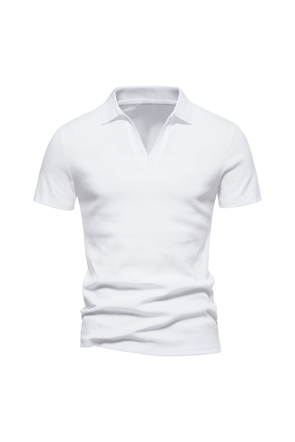 Mens Cotton Button Collared Shirts V Neck Short Sleeve Tops Plus Size Golf Shirt Stretch Athletic Tshirt Classic Comfy Clothing White L