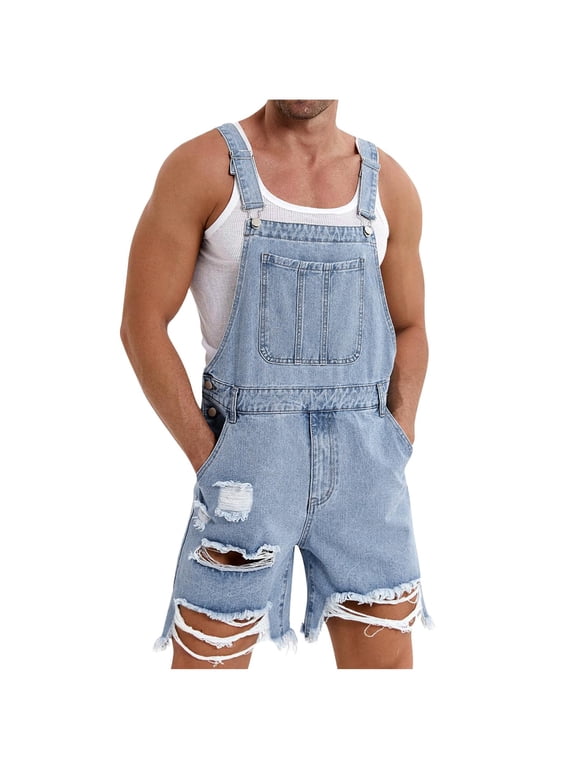 Mens Denim Shorts Bib Overall Jean Romper Casual Loose Fit Walkshort Button Pockets Summer Jumpersuit Light Blue S