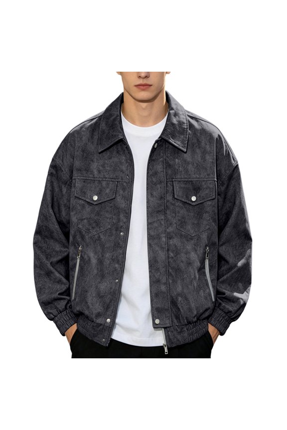 Mens Denim Style Utility Jacket Relaxed Short Point Collar Snap Closure Outer Coat, Dual Chest Patch Pockets Side Zip Compartments for Weekend Outings Park Visits Black XXXL