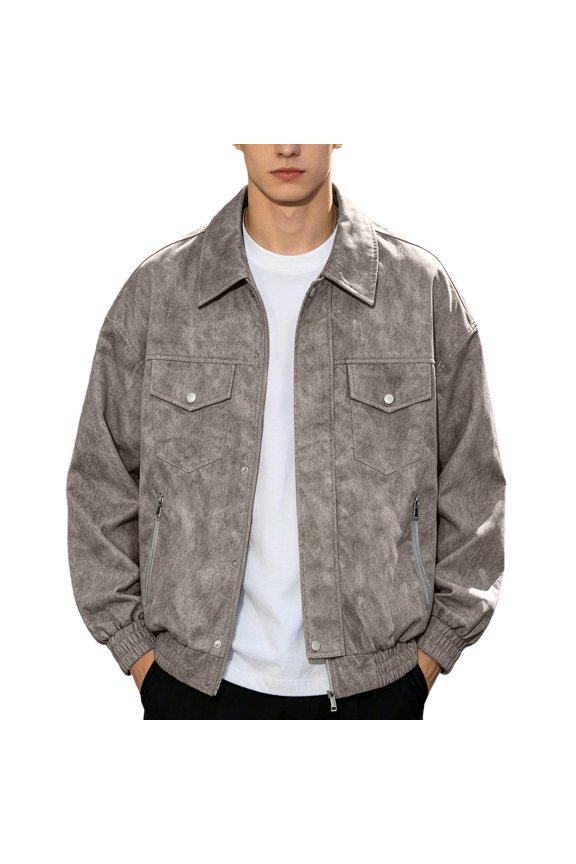 Mens Denim Style Utility Jacket Relaxed Short Point Collar Snap Closure Outer Coat, Dual Chest Patch Pockets Side Zip Compartments for Weekend Outings Park Visits Coffee M