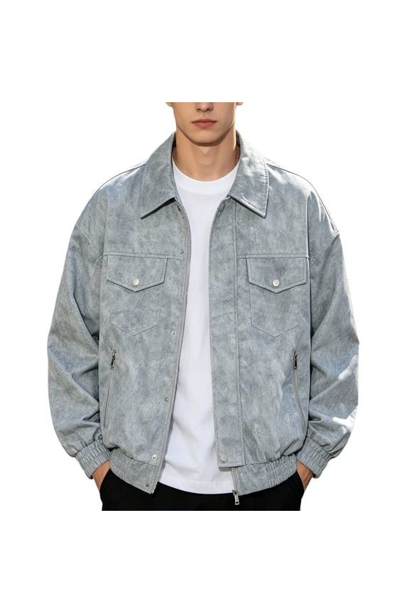 Mens Denim Style Utility Jacket Relaxed Short Point Collar Snap Closure Outer Coat, Dual Chest Patch Pockets Side Zip Compartments for Weekend Outings Park Visits Gray XL