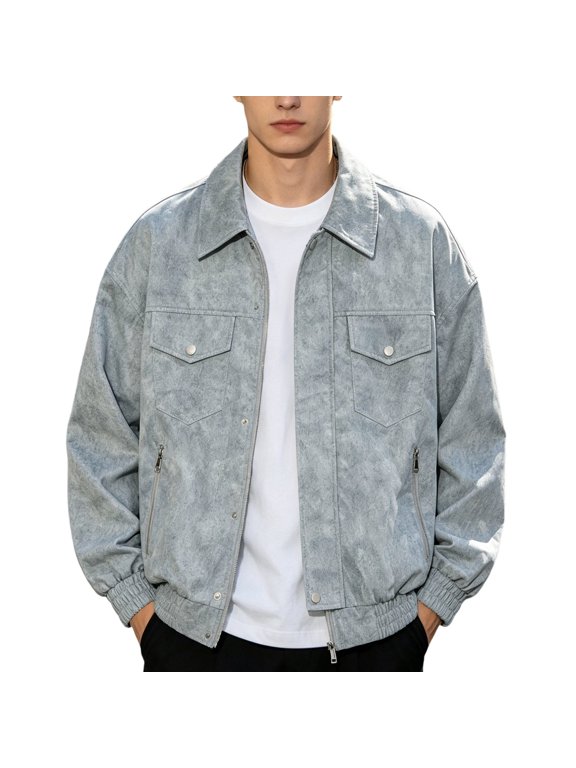 Mens Denim Style Utility Jacket Relaxed Short Point Collar Snap Closure Outer Coat, Dual Chest Patch Pockets Side Zip Compartments for Weekend Outings Park Visits Gray XL