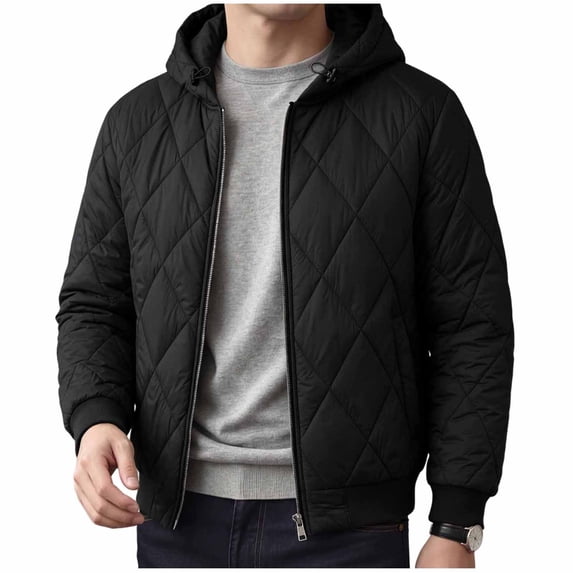 YLSDY Mens Diamond Quilted Hooded Bomber Jacket Full Zip Warm Light Padded Coat for Mild Winter Daily Outdoor Casual Looks Black M