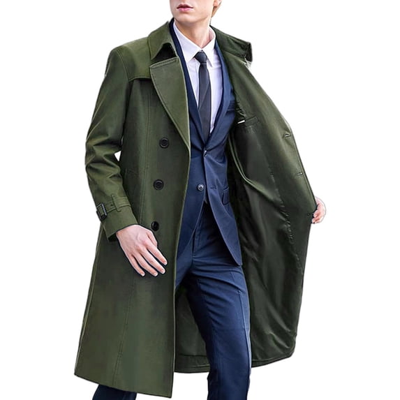 YLSDY Mens Double Breasted Long Trench Coat Notch Lapel Belted Windproof Mid Long Outerwear for Business Formal Autumn Winter City Fashion Looks Army Green XXL