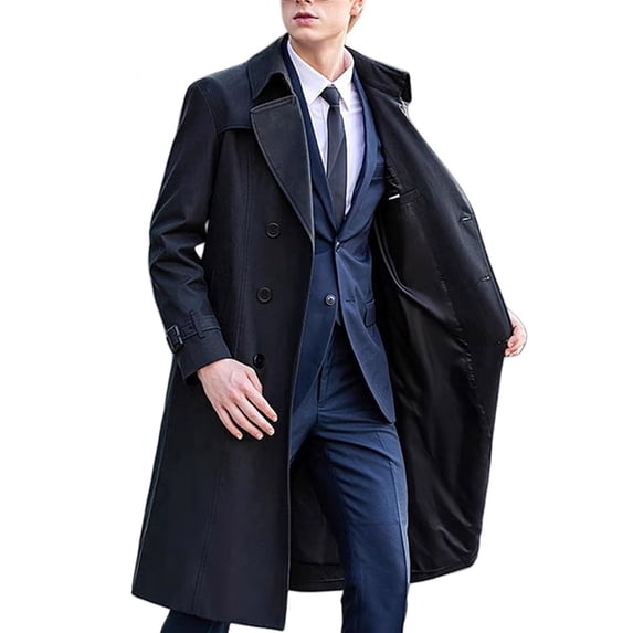 YLSDY Mens Double Breasted Long Trench Coat Notch Lapel Belted Windproof Mid Long Outerwear for Business Formal Autumn Winter City Fashion Looks Navy XXL