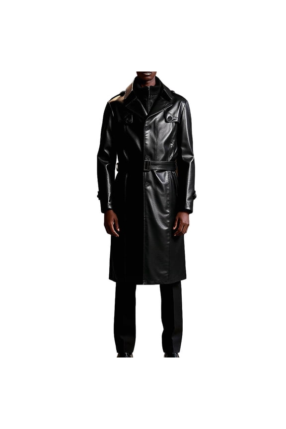 Mens Double Collar Long Trench Coat Long PU Leather Jacket Parka Stylish Solid Leather-Inspired Trench Coat Mid-Length Business Outerwear Black XXL