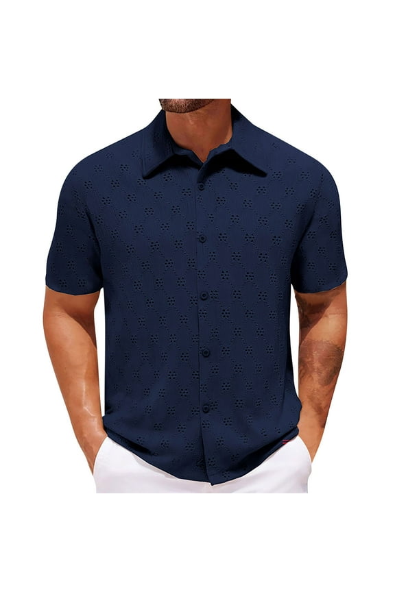 Mens Eyelet Knit Button Down Shirts Casual Textured Button Collared Shirt Short Sleeve Vintage Summer Beach Tops Navy L