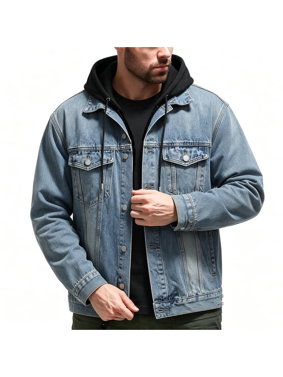 Mens Fake Two Piece Hooded Denim Trucker Jacket Lapel Button Front Vintage Wash Outerwear for Skate Streetwear Daily Outfits Navy M