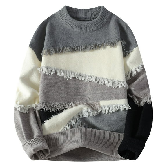 YLSDY Mens Fall Sweaters Casual Crewneck Patchwork Sweater Colorblock Oversized Cable Knitted Pullover Fashion Gray L