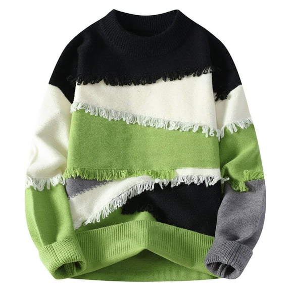 YLSDY Mens Fall Sweaters Casual Crewneck Patchwork Sweater Colorblock Oversized Cable Knitted Pullover Fashion Green XXXL