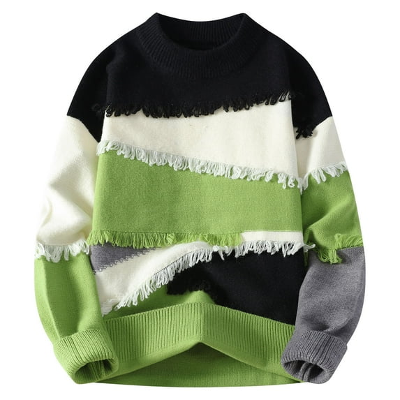 YLSDY Mens Fall Sweaters Casual Crewneck Patchwork Sweater Colorblock Oversized Cable Knitted Pullover Fashion Green XXXXL
