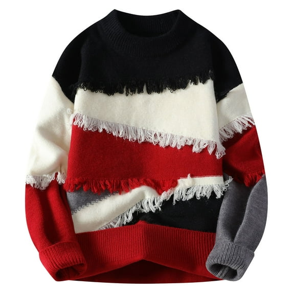 YLSDY Mens Fall Sweaters Casual Crewneck Patchwork Sweater Colorblock Oversized Cable Knitted Pullover Fashion Red L