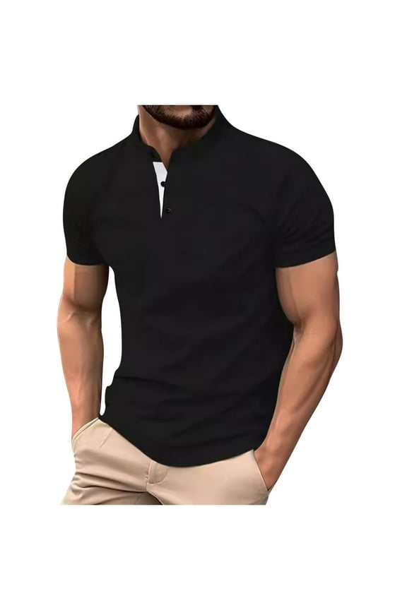 Mens Fashion Henley Shirt Short Sleeve Henley Shirt Golf Buttons V Neck Shirts Active Athletic Collarless Sports T Shirts for Men Black XXL