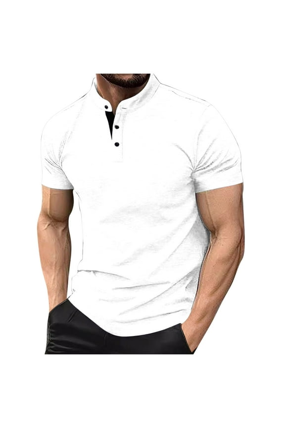 Mens Fashion Henley Shirt Short Sleeve Henley Shirt Golf Buttons V Neck Shirts Active Athletic Collarless Sports T Shirts for Men White L