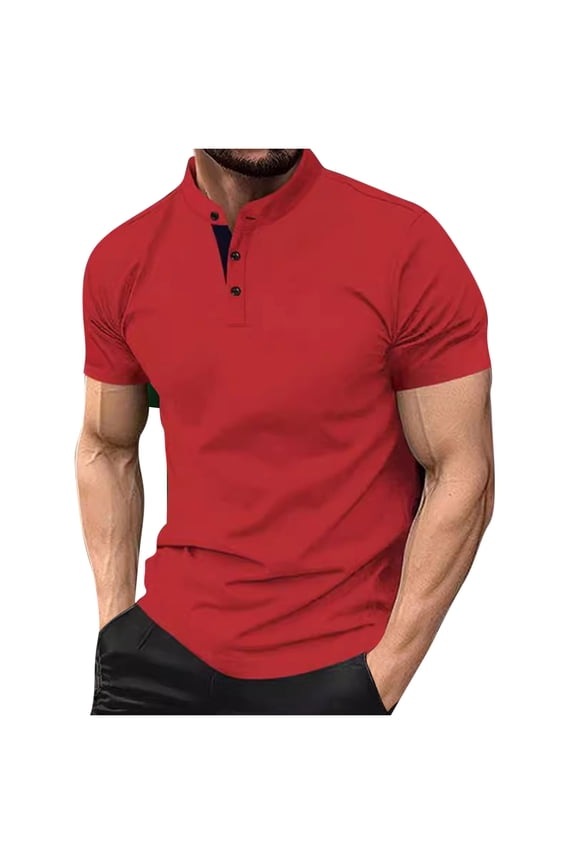 Mens Fashion Henley Shirt Short Sleeve Henley Shirt Golf Buttons V Neck Shirts Active Athletic Collarless Sports T Shirts for Men Wine L