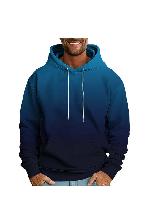 Mens Fashion Sweatshirts 2025 Long Sleeve Fleece Hoodies Fall Winter Breathable Cozy Gradient Pullover with Pocket Blue XL