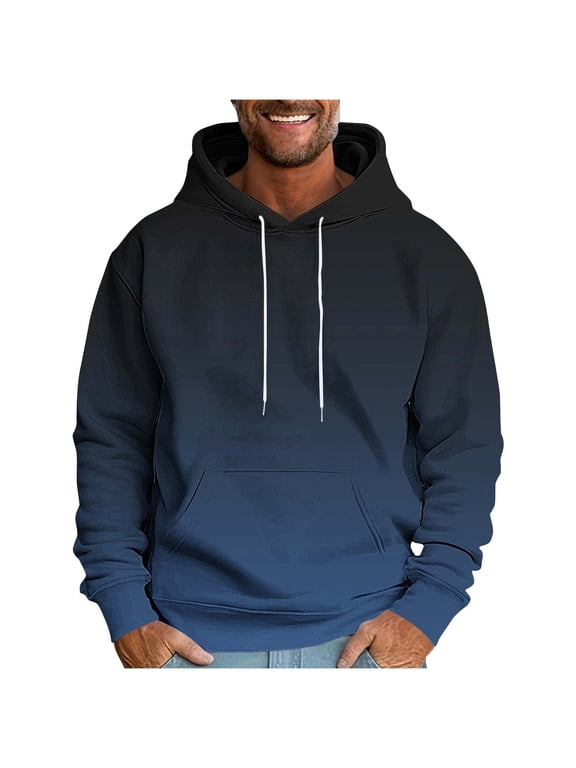 Mens Fashion Sweatshirts 2025 Long Sleeve Fleece Hoodies Fall Winter Breathable Cozy Gradient Pullover with Pocket Dark Blue XL
