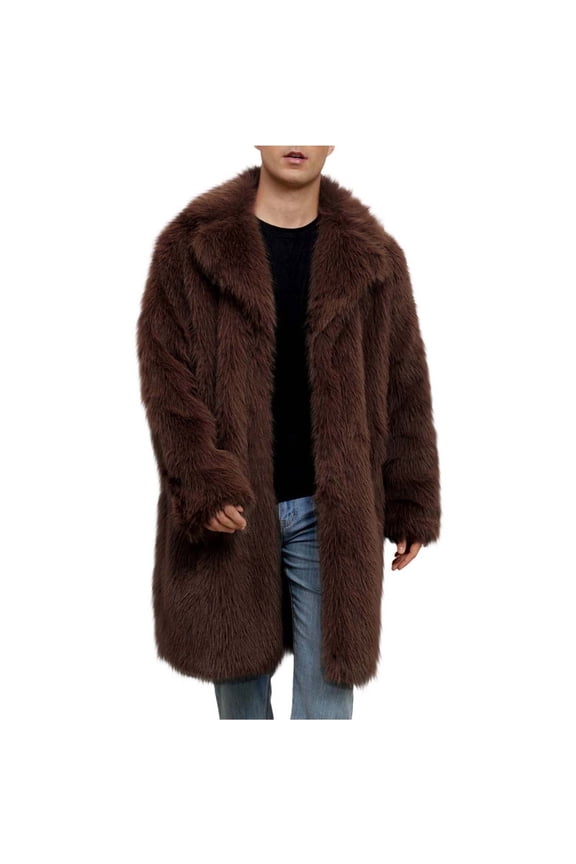 Mens Faux Fur Coat Winter Long Fleece Jacket Luxury Fluffy Lapel Long Sleeve Parka Overcoat Warm Open Front Cardigan Outwear Coffee M