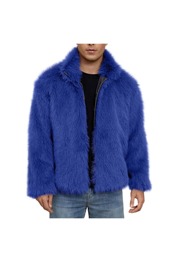 Mens Faux Fur Jackets Fluffy Furry Lapel Collar Long Sleeve Zip Up Coats Fall Winter Warm Fashion Soft Outwears Blue XXXL