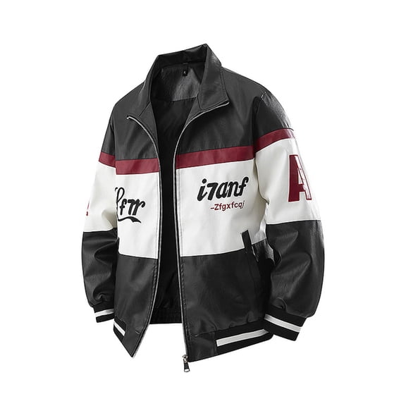 YLSDY Mens Faux Leather Racing Jacket Vintage Color Block Motorcycle Biker Racer Jackets Loose Streetwear Black M