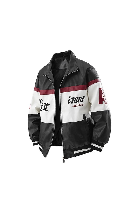 Mens Faux Leather Racing Jacket Vintage Color Block Motorcycle Biker Racer Jackets Loose Streetwear Black M