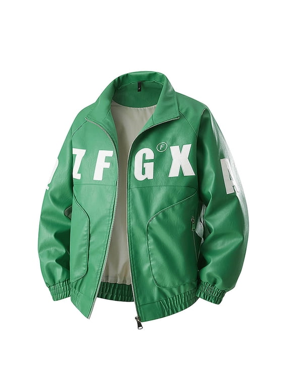 Mens Faux Leather Varsity Jacket Vintage Racing Motorcycle Graphic Bomber Jackets Loose Streetwear Jacket Green XXL