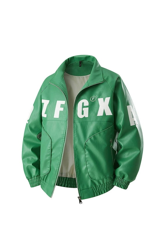 Mens Faux Leather Varsity Jacket Vintage Racing Motorcycle Graphic Bomber Jackets Loose Streetwear Jacket Green XXL