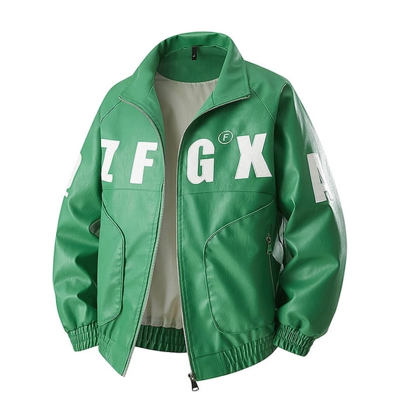 YLSDY Mens Faux Leather Varsity Jacket Vintage Racing Motorcycle Graphic Bomber Jackets Loose Streetwear Jacket Green XXXL
