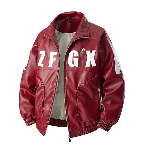 YLSDY Mens Faux Leather Varsity Jacket Vintage Racing Motorcycle Graphic Bomber Jackets Loose Streetwear Jacket Red M