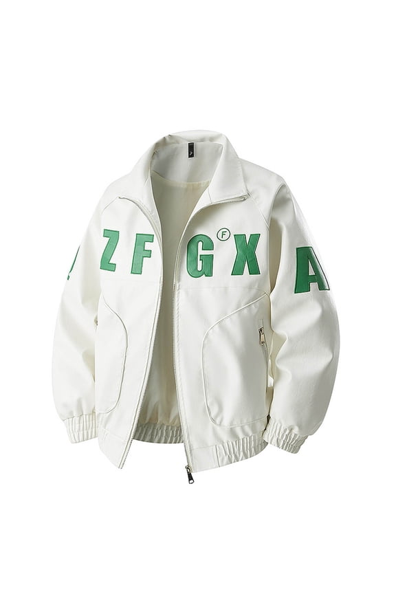 Mens Faux Leather Varsity Jacket Vintage Racing Motorcycle Graphic Bomber Jackets Loose Streetwear Jacket White M