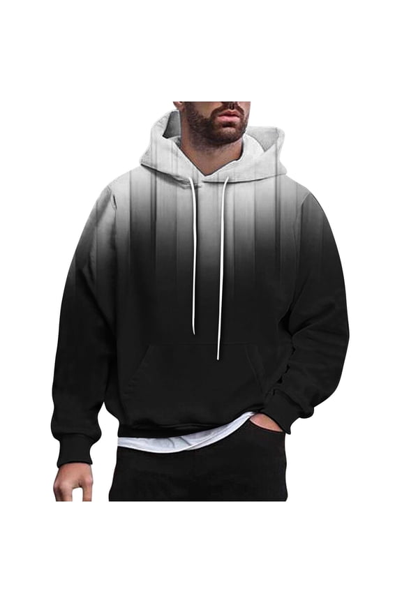 Mens Fleece Hoodies Gradient Color Pullover Long Sleeve Cowlneck Hooded Sweatshirt Comfy Drawstring Hooded Tops Gray M