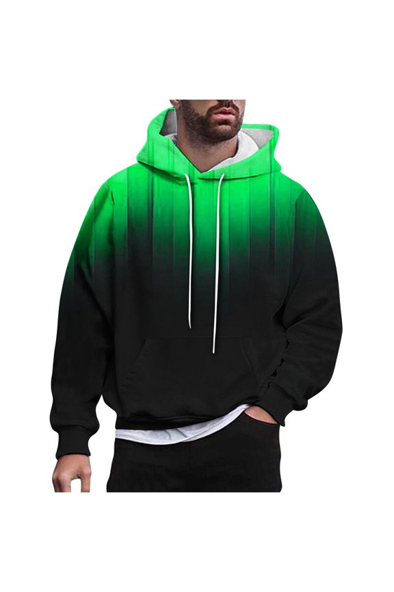 Mens Fleece Hoodies Gradient Color Pullover Long Sleeve Cowlneck Hooded Sweatshirt Comfy Drawstring Hooded Tops Green XXL