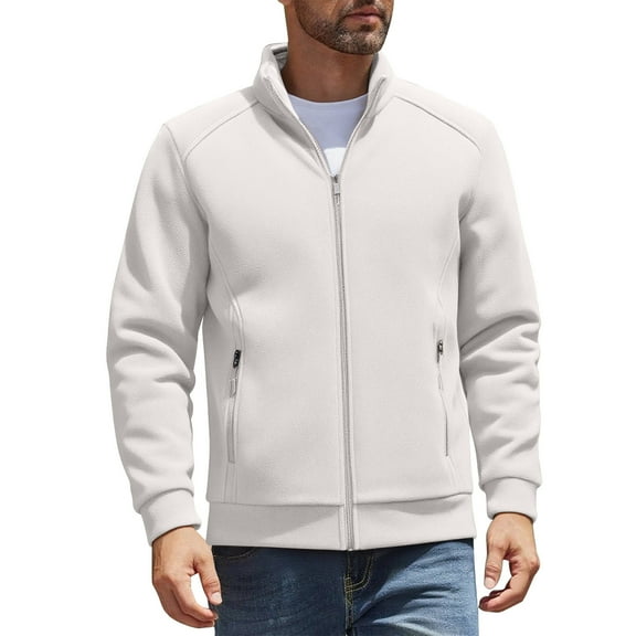 YLSDY Mens Fleece Jacket Stand Collar Full Zip Jackets with Zippered Pockets Winter Warm Sport Long Sleeve Coat Beige XL