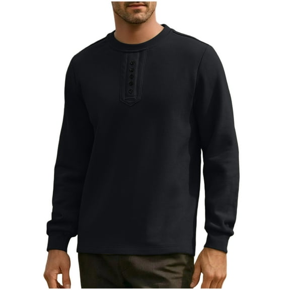 YLSDY Mens Fleece Sweatshirts Buttons Henley Shirts Long Sleeve Casual Crewneck Solid Basic Warm Pullover Tees Black XL