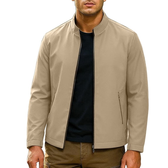 YLSDY Mens Full Zip Up Long Sleeve Jackets Fall Stand Collar Workout Coats Casual Lightweight Outwear with Zipper Pockets Khaki XL