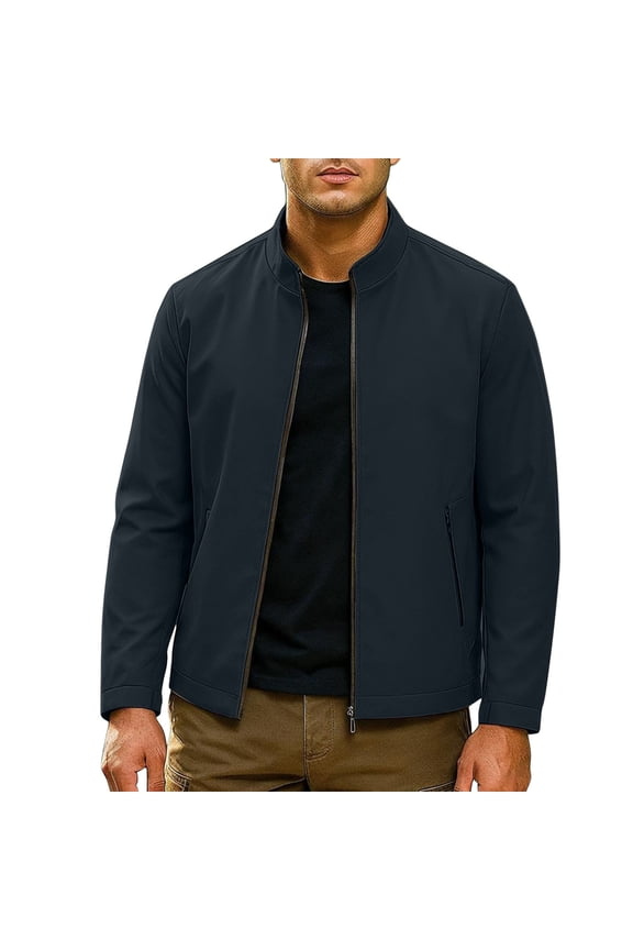 Mens Full Zip Up Long Sleeve Jackets Fall Stand Collar Workout Coats Casual Lightweight Outwear with Zipper Pockets Navy XL