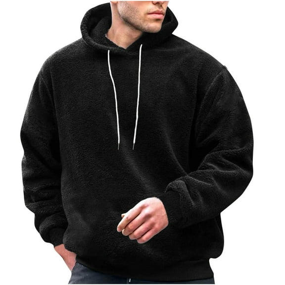 YLSDY Mens Fuzzy Sherpa Drawstring Hoodie Pullover Sweatshirts Loose Cozy Pocket Long Sleeve Winter Hooded Outwear Black S