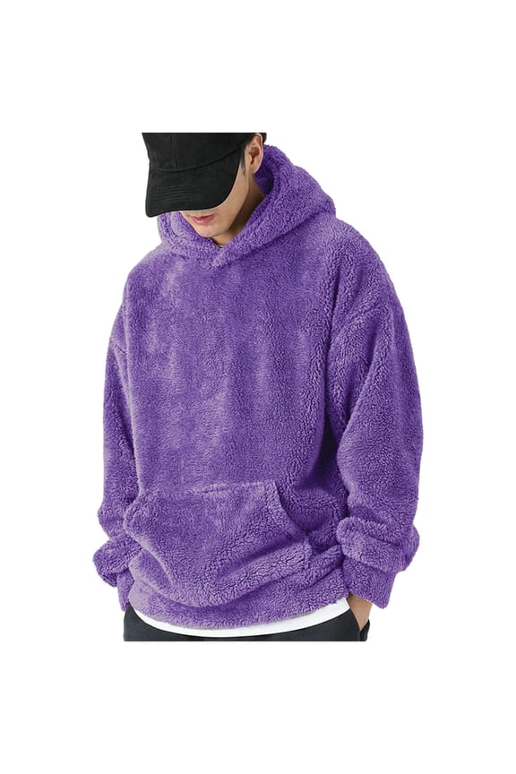 Mens Fuzzy Sherpa Pullover Drawstring Hoodie Sweatshirts Long Sleeve Sport Front Pocket Military Fall Outwear Winter Hooded Purple M